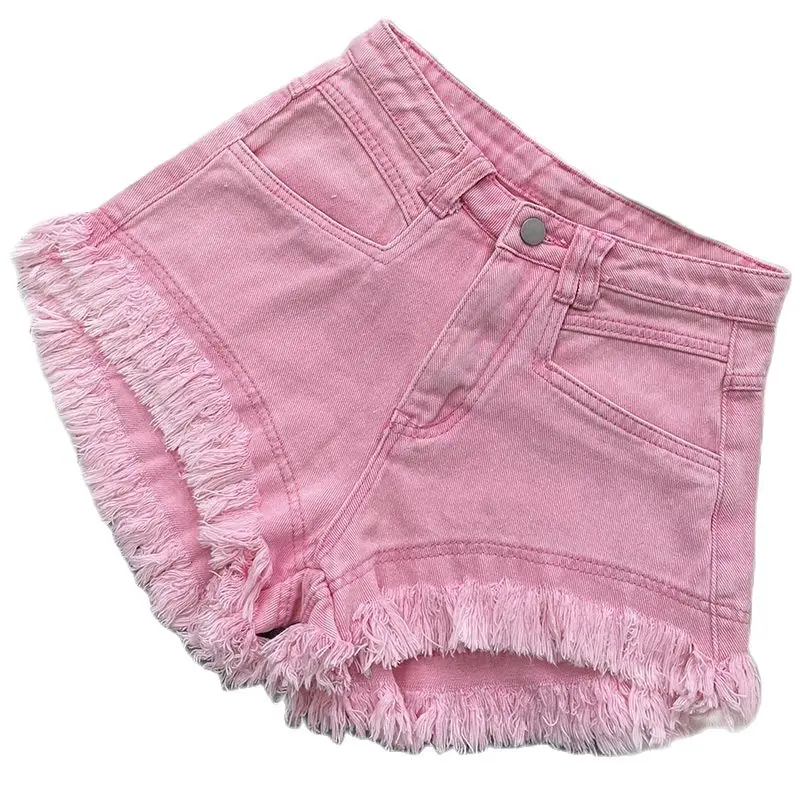 Women Summer 2023 New Tassel Sexy Pink High Waist Denim Shorts