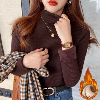 الخريف الشتاء المألوف تنوعا القمم 2025 سميكة معطف شتاء المرأة الياقة المدورة موضة الكشكشة النساء البلوفرات 4