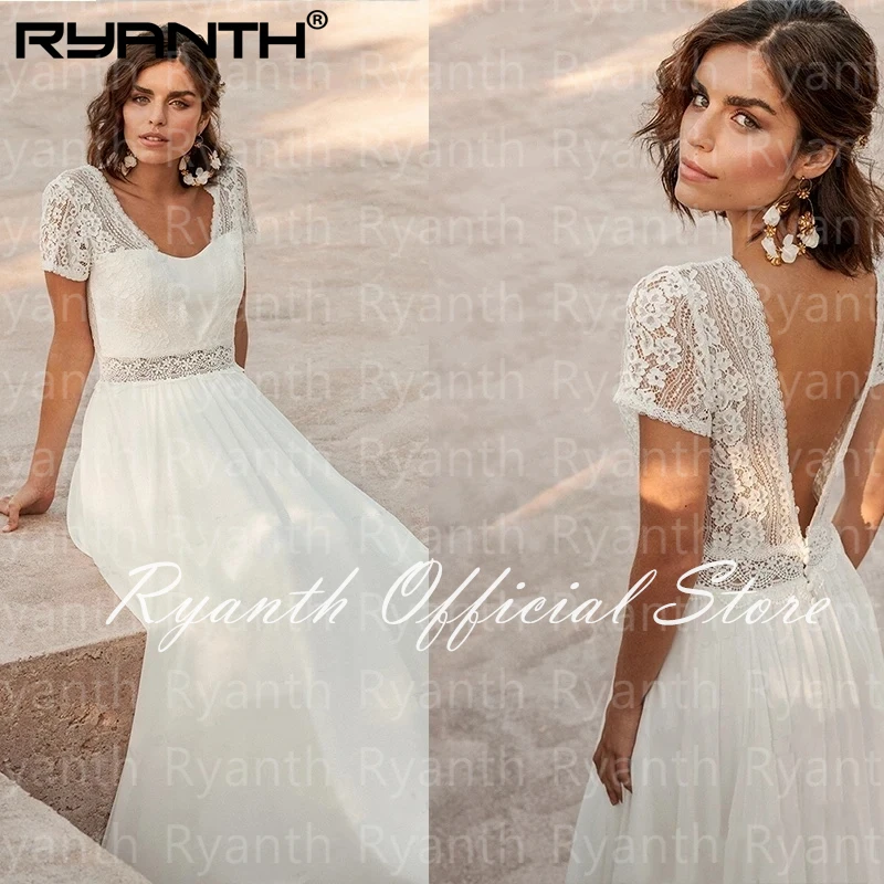 

Ryanth Chiffon V-Neck Boho Wedding Dresses For Women Short Sleeves Floor Length Backless Bridal Gowns Robe De Marie Custom Made