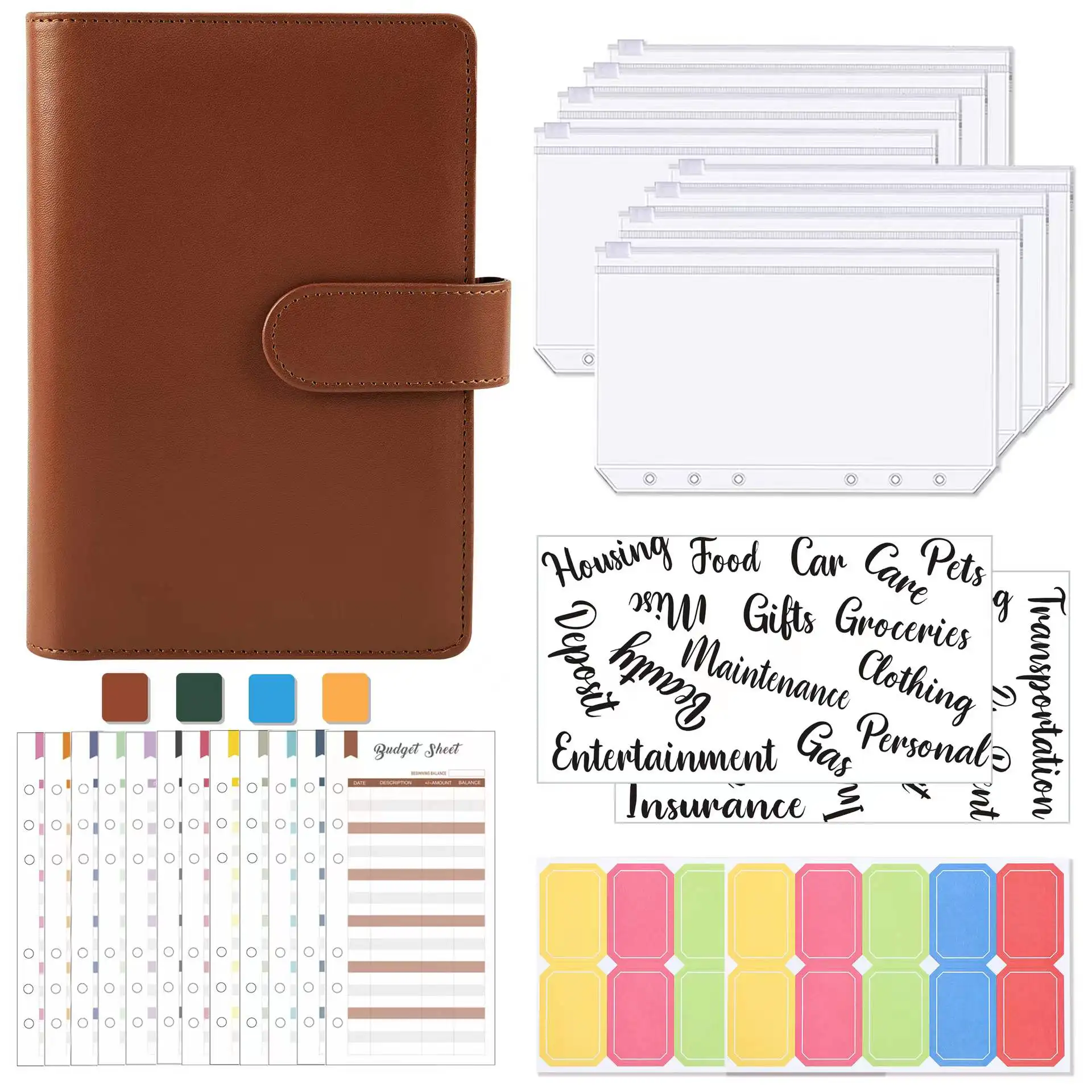 A6 Budget Binder, PU Leather Money Organizer for Cash Bills Coupon