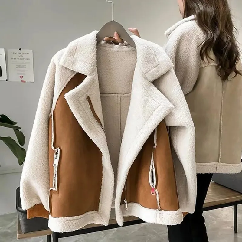 Women's Black Zipper Loose Plus Velvet Warm Windproof Jackets Winter New Thick Fur All-in-one Locomotive Lamb Wool Coats Female
