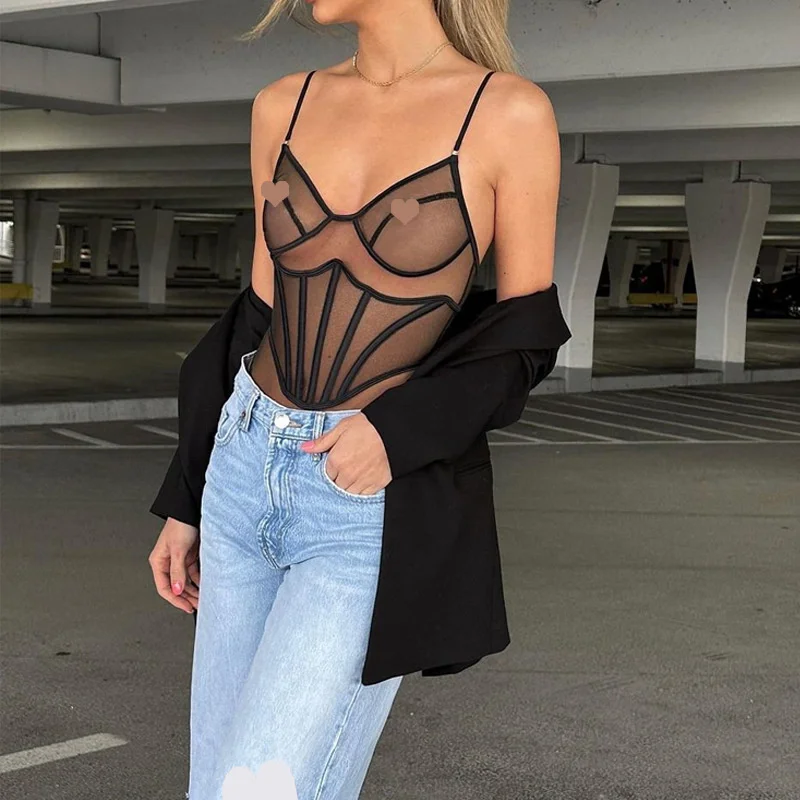 

Zabrina Mesh Spaghetti Strap Two Piece Shorts Sets New Sexy Sheer Panel Corset Top And Underwear Set For Women Club Wear Party