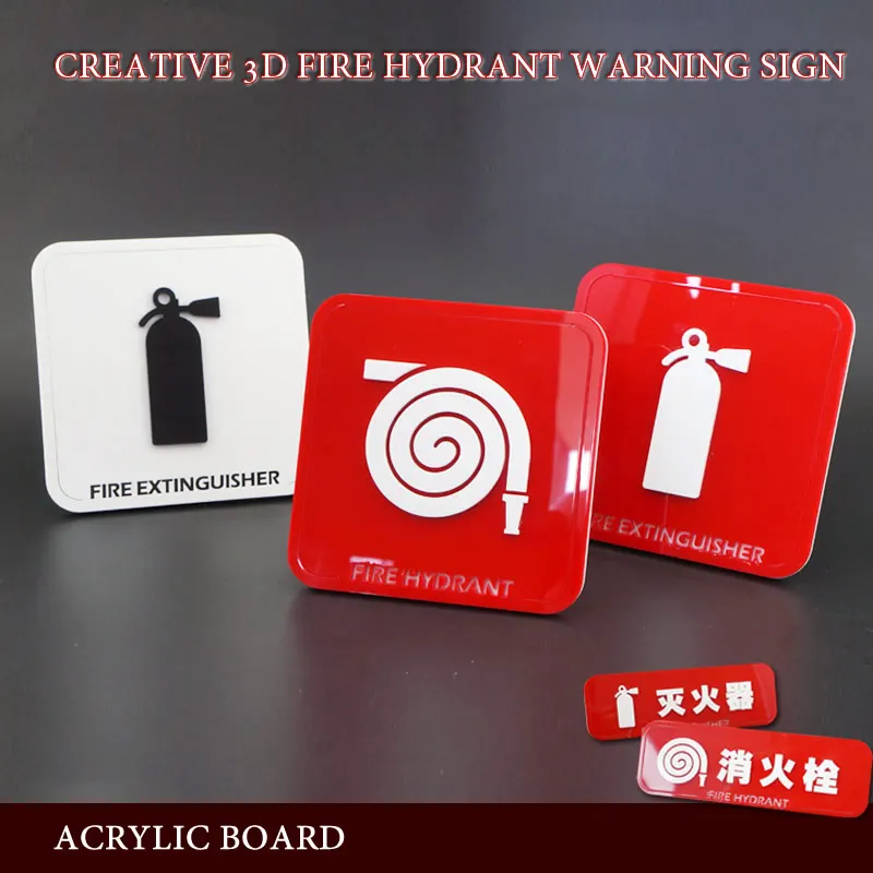 Waterproof Acrylic Warning Signs Fire Hydrant Extinguisher Icon Sign 3D Shape Sticker For Home Office Store School Factory