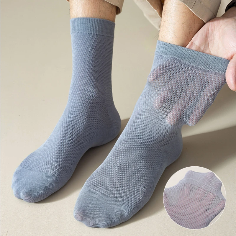 10 Pair Mens Pure Cotton Socks Mesh Crew Thin Breathable Antibacterial Deodorant Casual Long Mid Tube Dress Socks Spring Summer