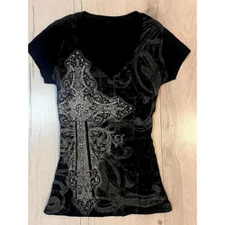 Vintage Black Gothic Punk Graphic V-Neck Hoodie Tee - M (562 Short Sleeve)