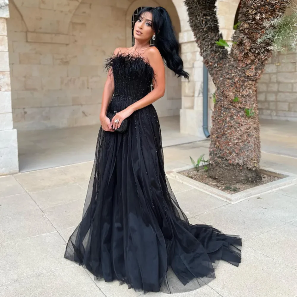 

2024 New Black Evening Dress Strapless Feathers Arabic Long Lace Appliques Prom Party Gowns Simple Tulle Boho Vestidos De Fiesta