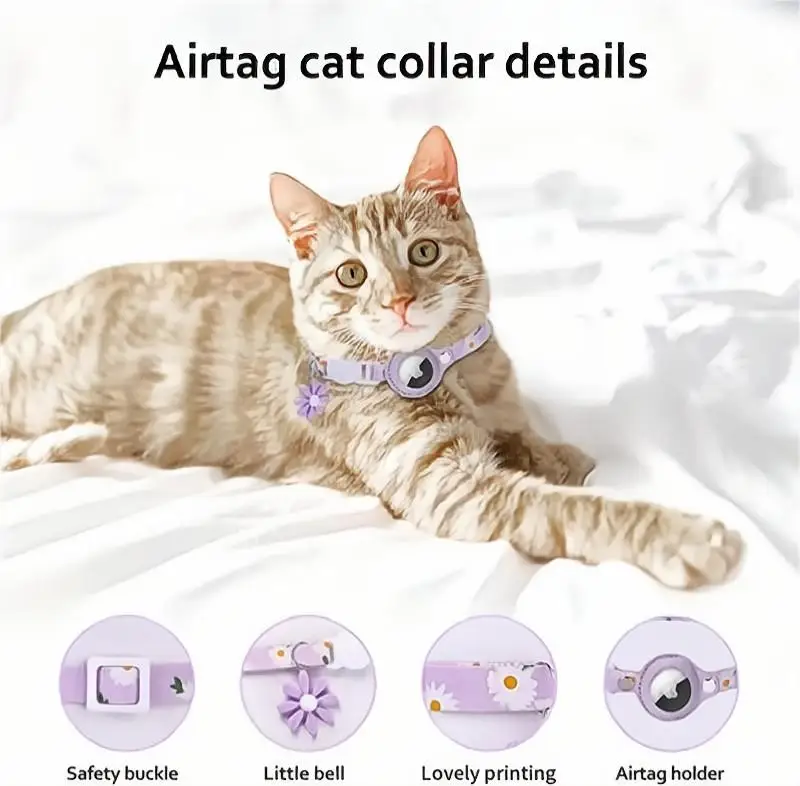 Collar para gatos AirTag – Collar reflectante ajustable para gato con  soporte AirTag y campana, collar GPS para gato (morado)