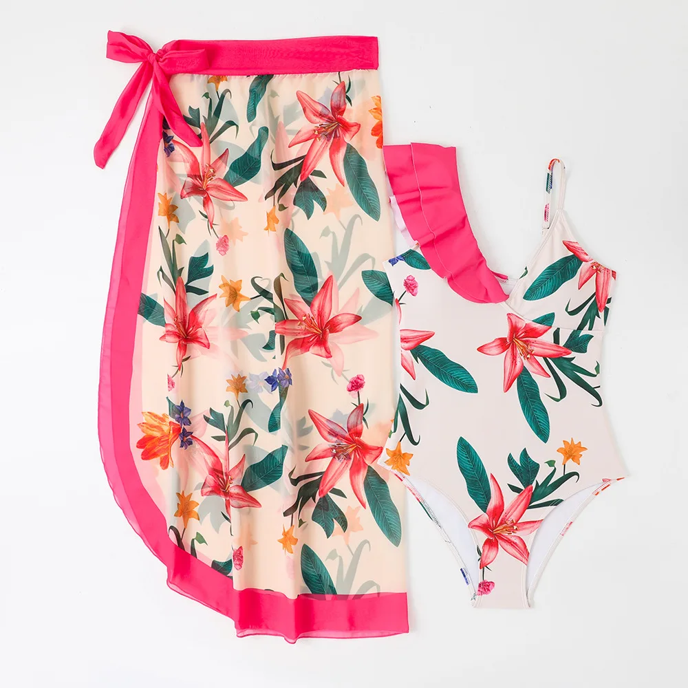 여아용 꽃무늬 스커트 원피스 수영복, 원피스 7-12 세 어린이 수영복, 원숄더 러플 수영복, 2024