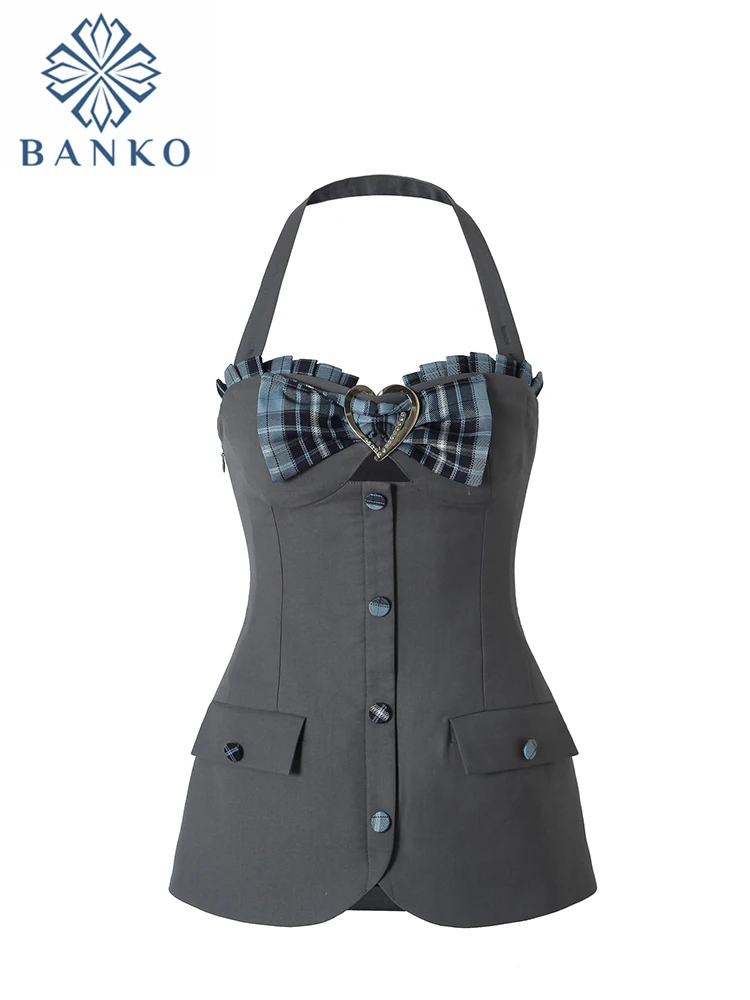

High Quality Sexy Girls 2000s Aesthetic Outfits 2 Piece Skirt Set Women Office Lady Bow Tank Top+Hight Waist Plaid Pleated Skirt