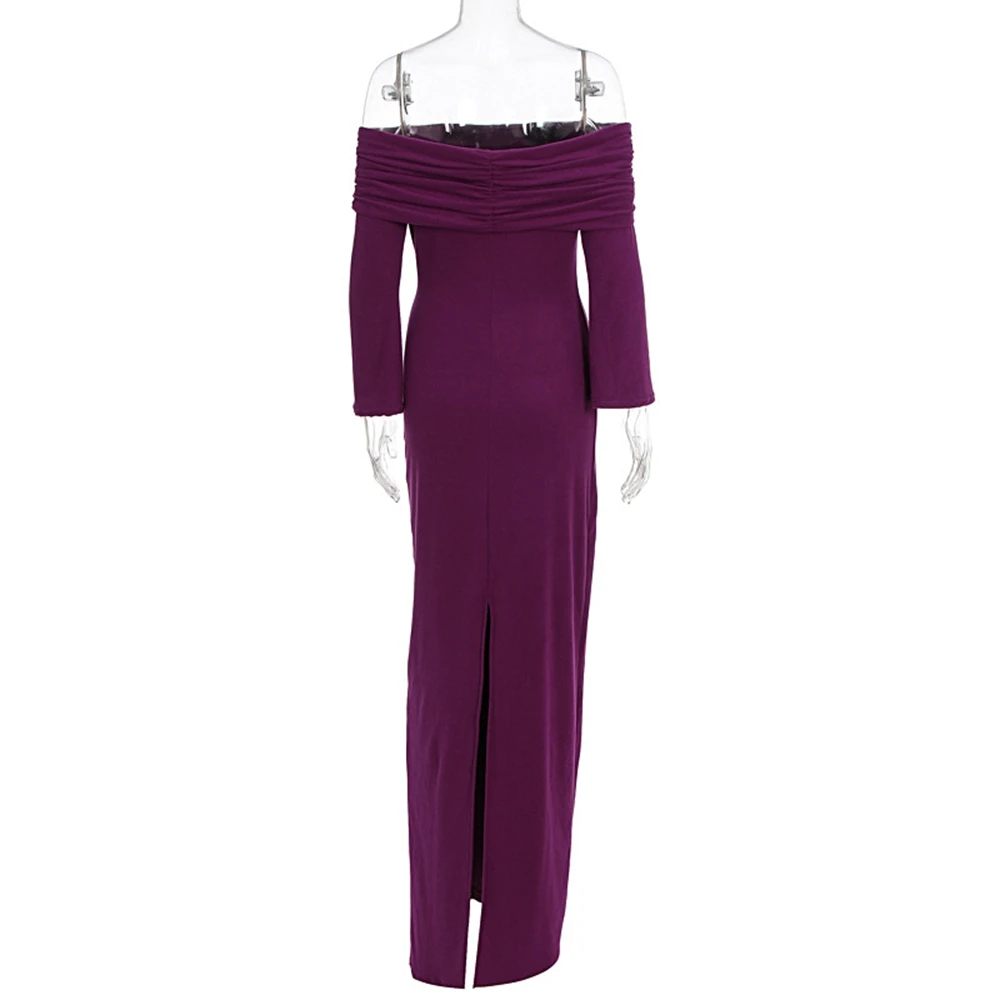 Maternity Deep Purple Off Shoulder Ruched Long Sleeve Side Slit Pregnancy Photo Dress Elegant Baby Shower Gown for Photoshoot 7 S1b4ccdadeab344b3a913a22145f06916W