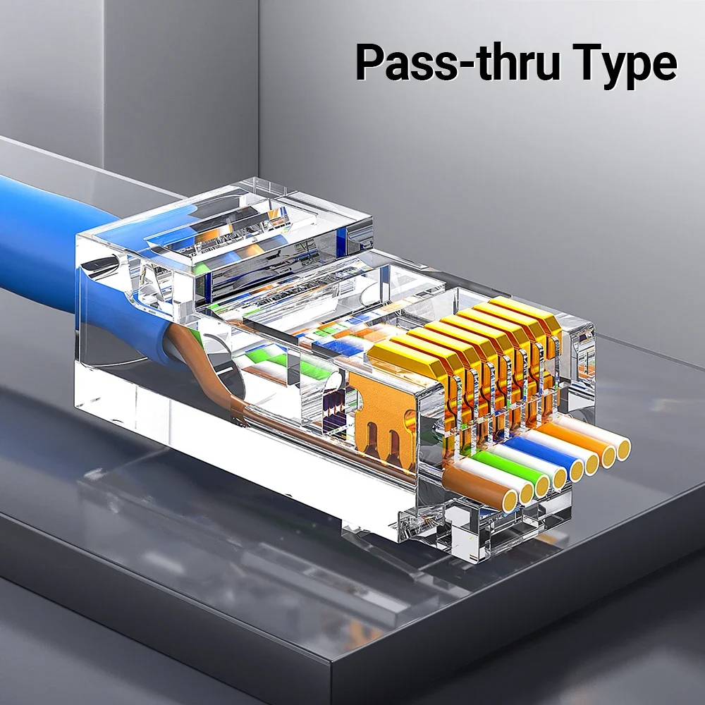 Ethernet Cable Connector AMPCOM RJ45 Modular Plug CAT5E CAT6 Pass Through Network Connectors UTP 3/50&mu; Gold-Plated 8P8C Crimp End for Ethernet Cable
