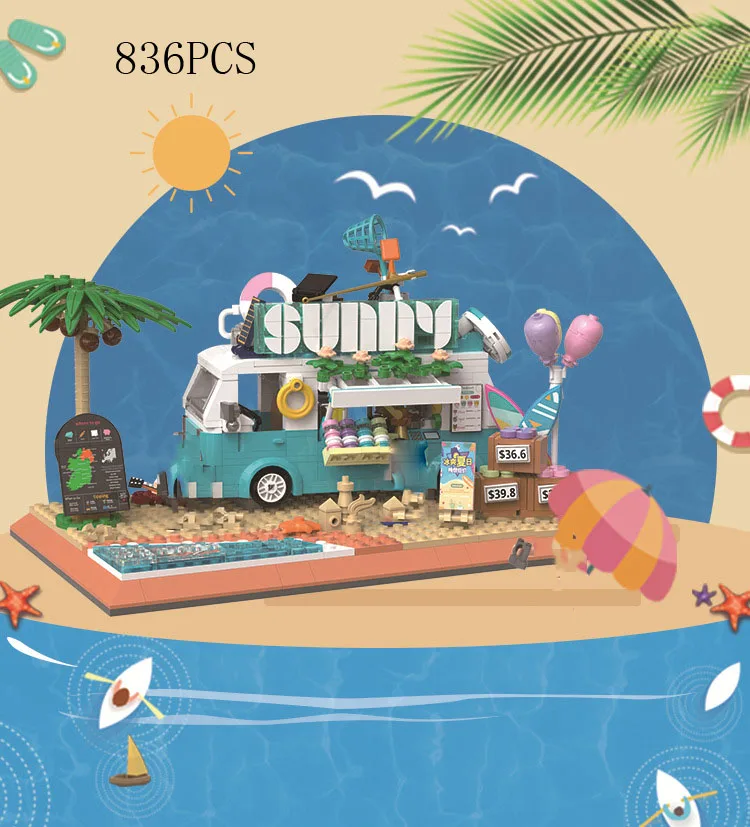 Creativo Streetscape Architettura Ice Cream Van Moc Mini Block City Street View Summer Beach Turck Figures Building Brick Toys