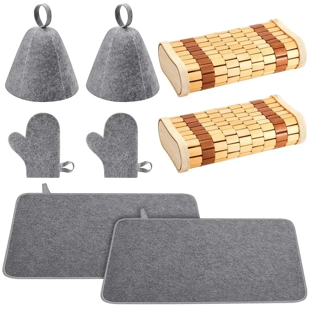 Bamboo Sauna Pillow Head and Neck Rest Set Gloves Hats Mat Kit Spa Supplies Kit Relaxation Comfort Kit Outdoor Indoor Use Kit 2