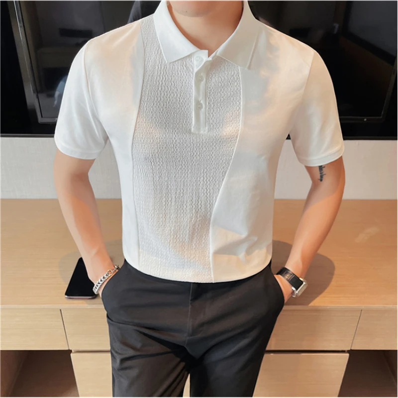 

Korean Summer Splicing Polo Shirt for Men Fashion Short Sleeve Slim Lapel T-shirts Casual Business POLO Streetwear Men Clothing