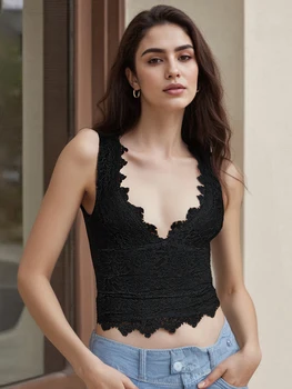 Women Sleeveless Lace Tank Tops Deep V-Neck Casual Vests Summer Fashion Streetwear Camisole Shirts Trendy Blouses 1