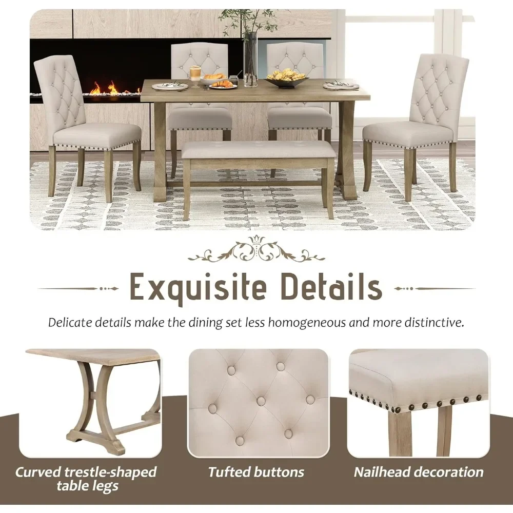 6-Piece Dining Table Set with Bench and 4 Upholstered Chairs 6
