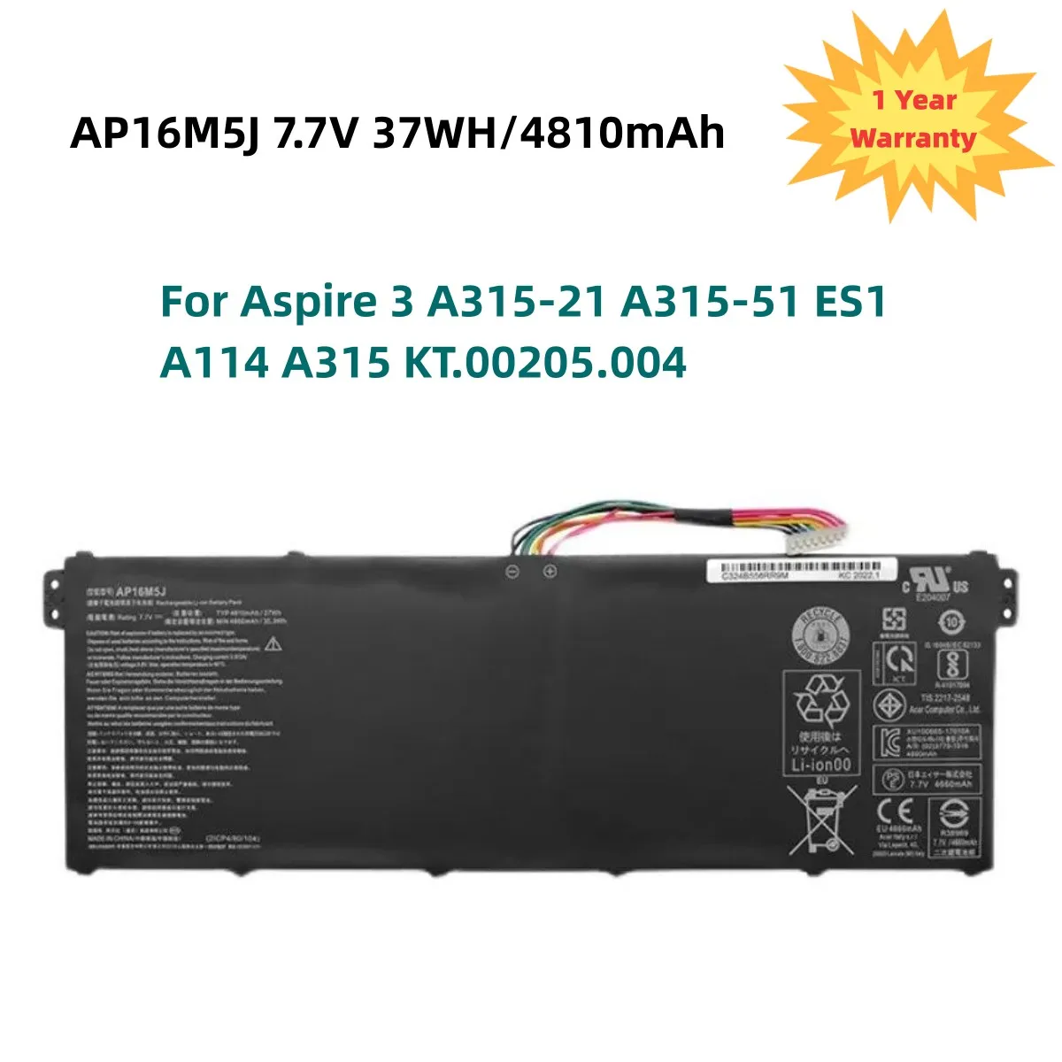 

New AP16M5J Laptop Battery Acer Aspire 1 for Aspire 3 A315-21 A315-51 ES1 A114 A315 KT.00205.004 7.7V 37WH/4810mAh