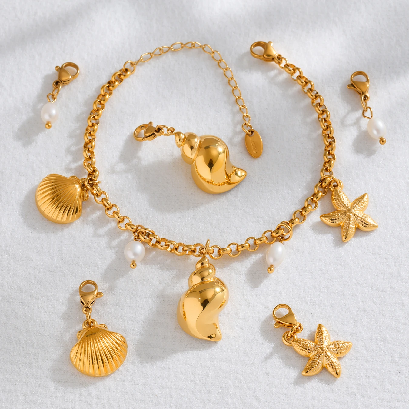 316 Edelstahl Herz-Armband Damenmode Muschel-Elefanten-Anhänger 18K Vergoldetes Handarmband Verblasst Nicht Schmuck – Detail 12