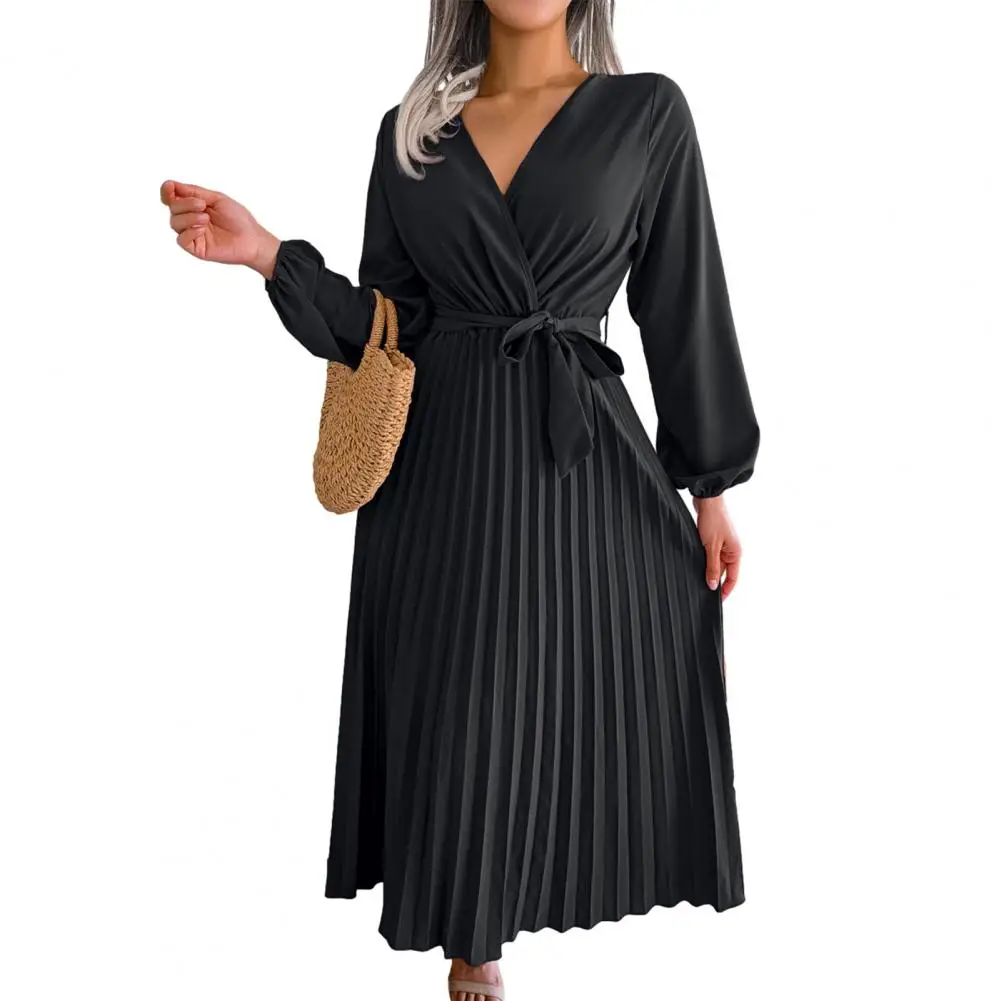 

Женское длинное платье с поясом, однотонное Плиссированное офисное платье макси с V-образным вырезом и длинным рукавом-фонариком, уличная одежда, лето 2023