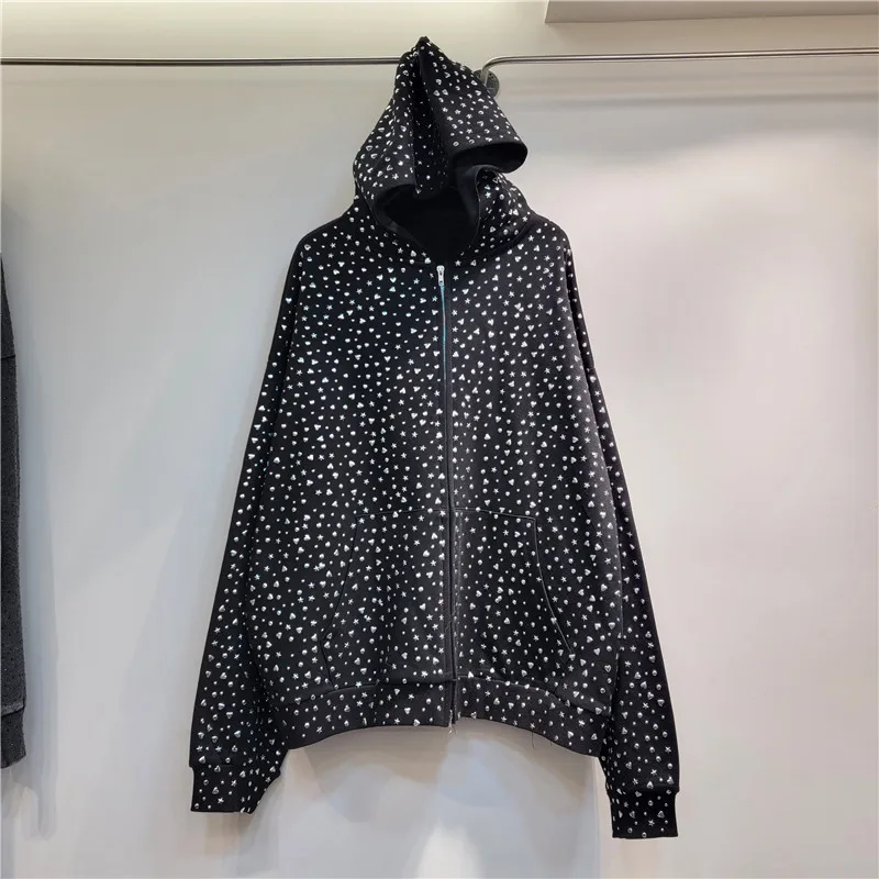 

Autumn Winter Hot Drilling Stars Beaded Bomber Jacket Loose Exquisite Love Pattern Sequined Casual Hooded Coat Zipper Cardigan