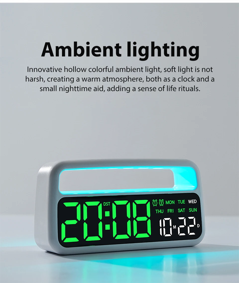 Description Picture 4 of itemDigital Alarm Clock with Ambient-Light Date Dual Alarms Electronic Table Clock Brightness Adjustment Sleep Mode Home LED Clocks