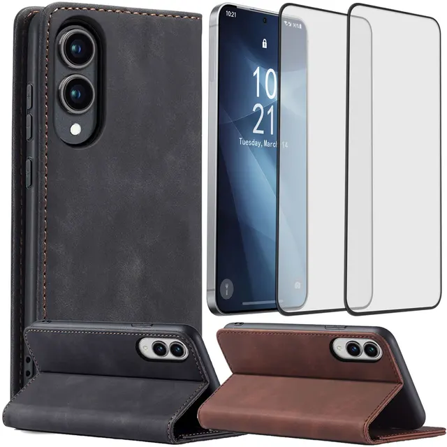 Samsung Galaxy S25 Leather Flip Case & Glass 1