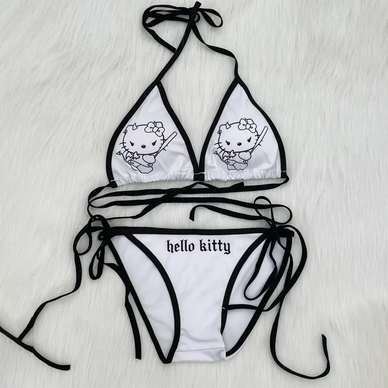 

2Pcs HelloKitty Sanrio Bikini Set Cartoon Y2k Anime Summer Beach Soft Side Strappy Panties Sexy Bikini Kawaii Swimsuit Girl