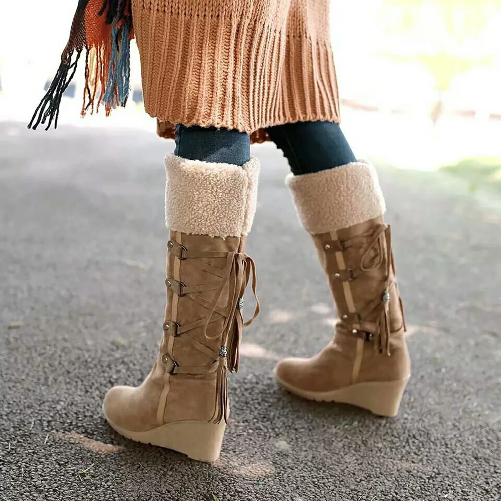 

Women Lace Nubuck Flat Heels Winter Snow Boots Women's Flock Plush Padded Winter Long Riding Motorcycle Boots botas de mujer