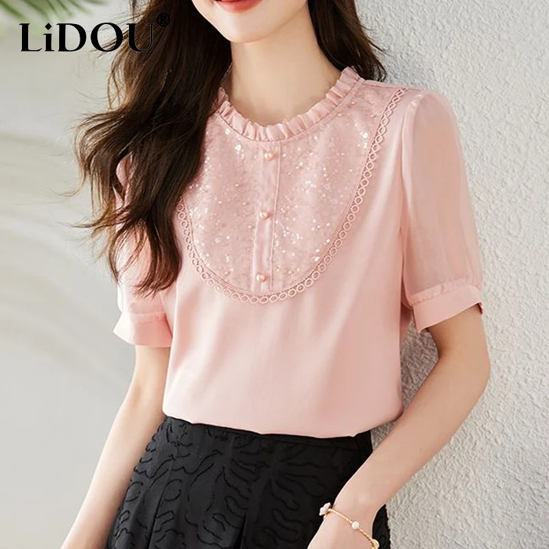 2023 Summer New Edible Tree Fungus Round Neck Short Sleeve Chiffon Shirt Women Solid Color Fashion Elegant Tie Flowers Pullovers