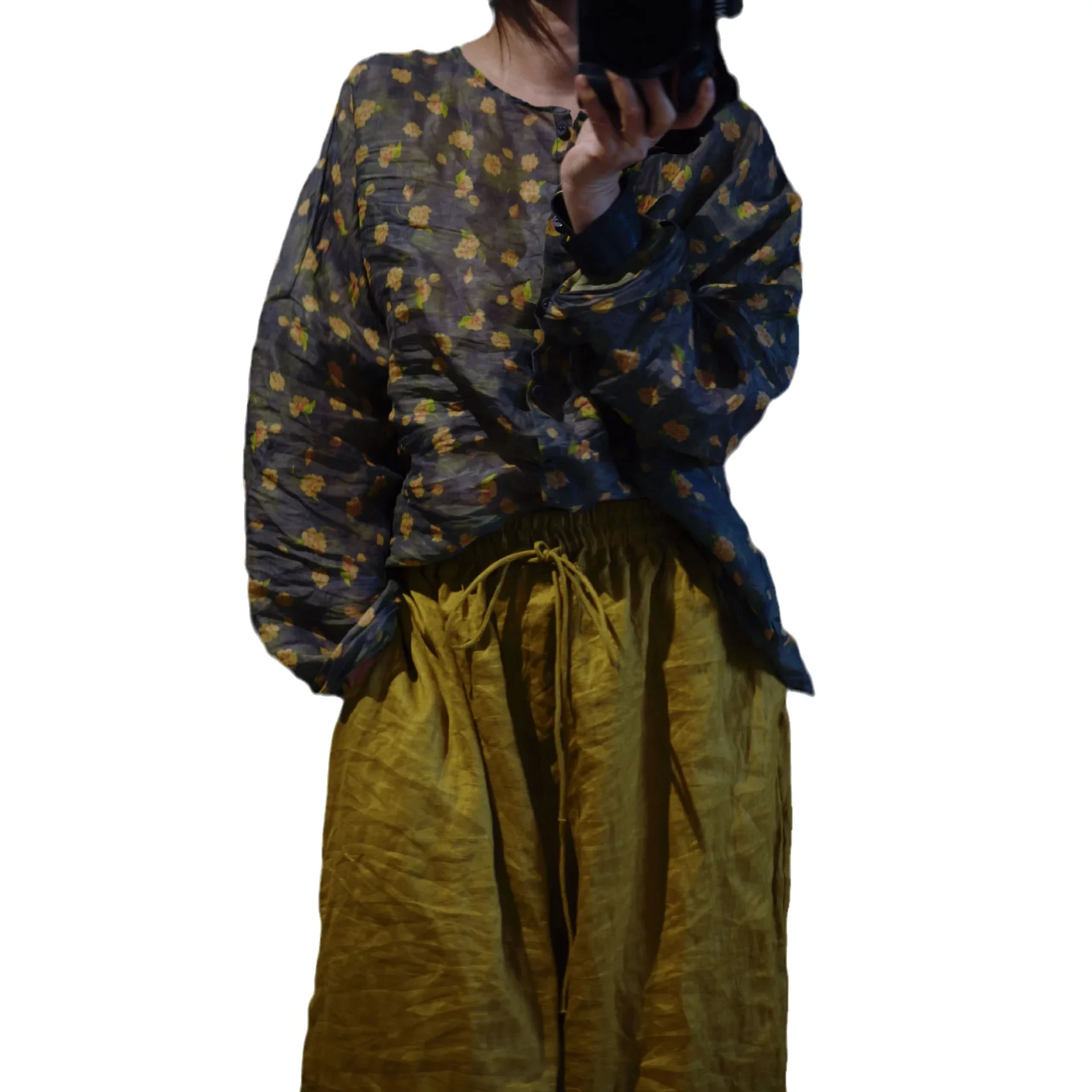 

Women Vintage Printed Floral Ramie Shirts And Tops O-Neck Long Sleeve Blouses 2023 New Spring Summer Loose Retro Women Shirts