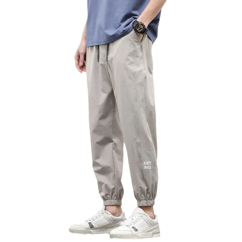 Summer New Solid Color Fashion Elastic Waist Ankle Length Pants Man Drawstring Pockets Patchwork Thin Ice Silk Fabric Trousers