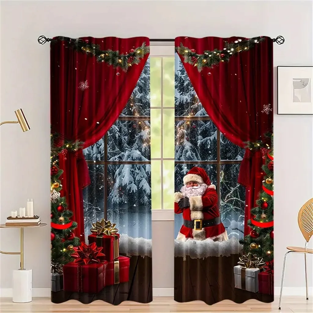 2pcs Set Of Santa Claus Christmas Curtains-Digital Print,Rod Pocket Design,Polyester -Perfect For Living Room, Kitchen,Bedroom