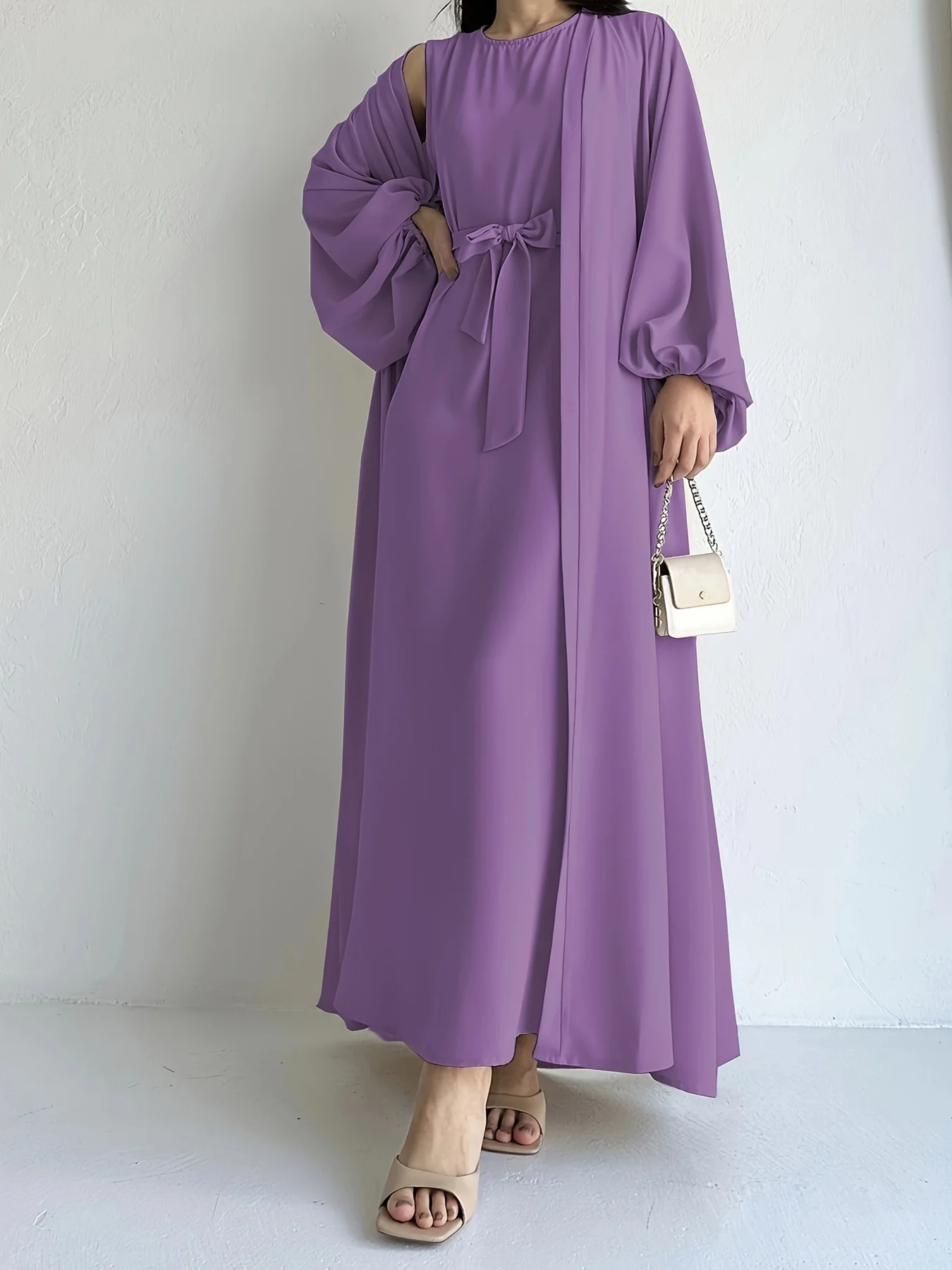 kebaya  Ramadan Elegant Solid Two-piece Set Dress, Open Front Coverup & Tie Waist Abayas Outfits, Islam Women's Clothing