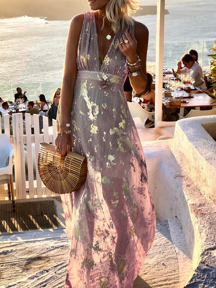 Abito boho da donna, lungo, estivo, sexy, senza maniche, con spalline sottili, bohémien, lungo, abito da festa, abito da spiaggia, abito lungo, abito da spiaggia, abito lungo, linea A, per vacanze