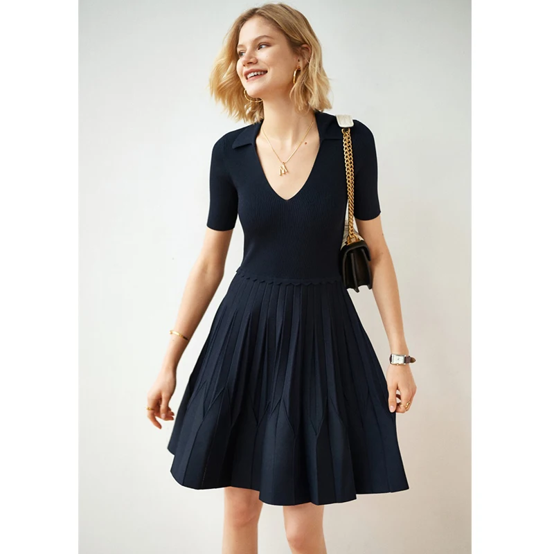 IOO Navy Women V-neck Pleated Skirt Slim Fit Knitted Mini Dress French Pairs Brand High Quality Brand S
