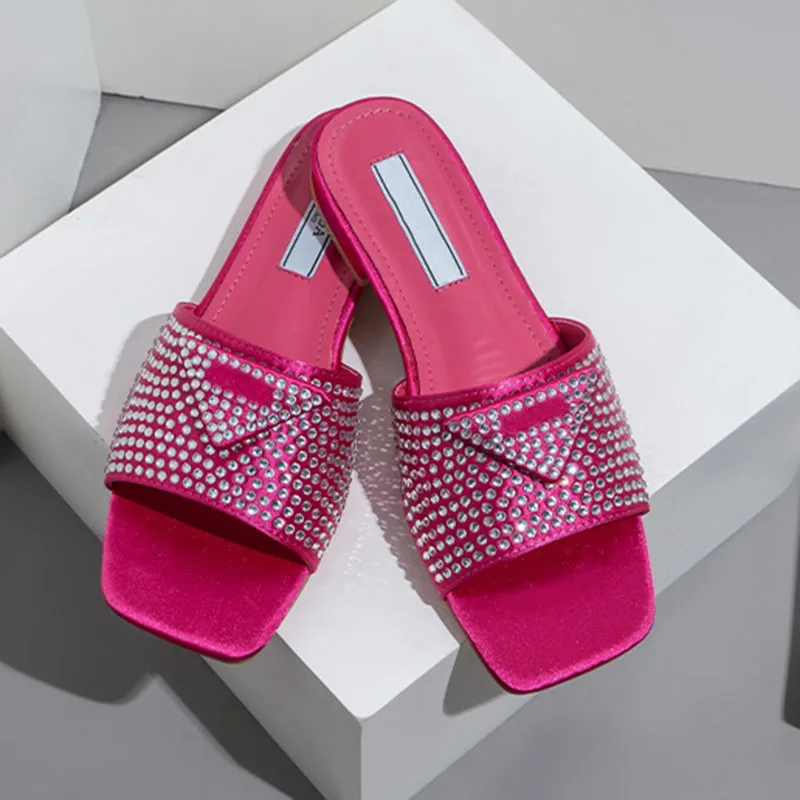 Summer Slippers Rhinestone Triangle Standard Low Heel Slippers Women Wear Internet Celebrity Slides Thick Heel Women Sandals