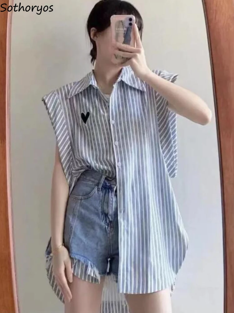 

Striped Shirts Women Embroidery All-match Chic Flying Sleeve Design Ulzzang Ladies Straight Simple Summer Creativity Personality