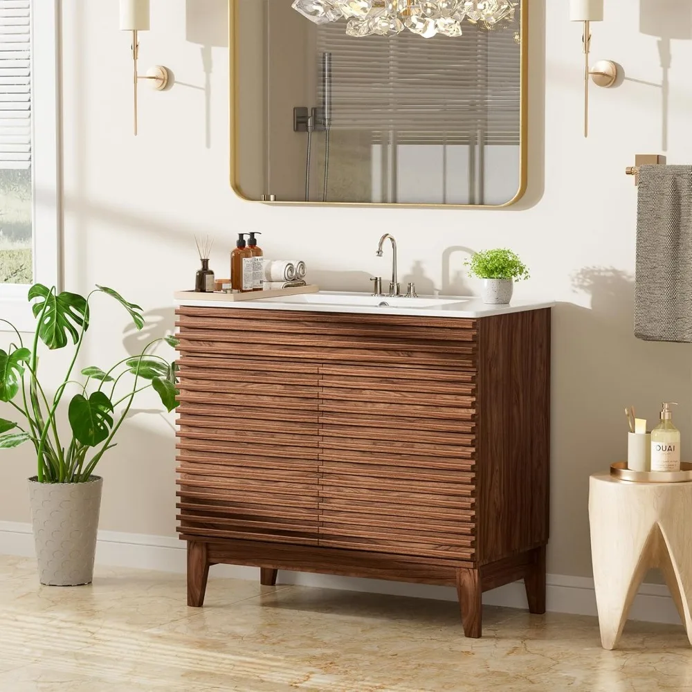 36" Bathroom Vanity with sink,Freestanding Vanity sink with Storage, Particleboard Frame with Wood Grain Laminate, Walnut 6