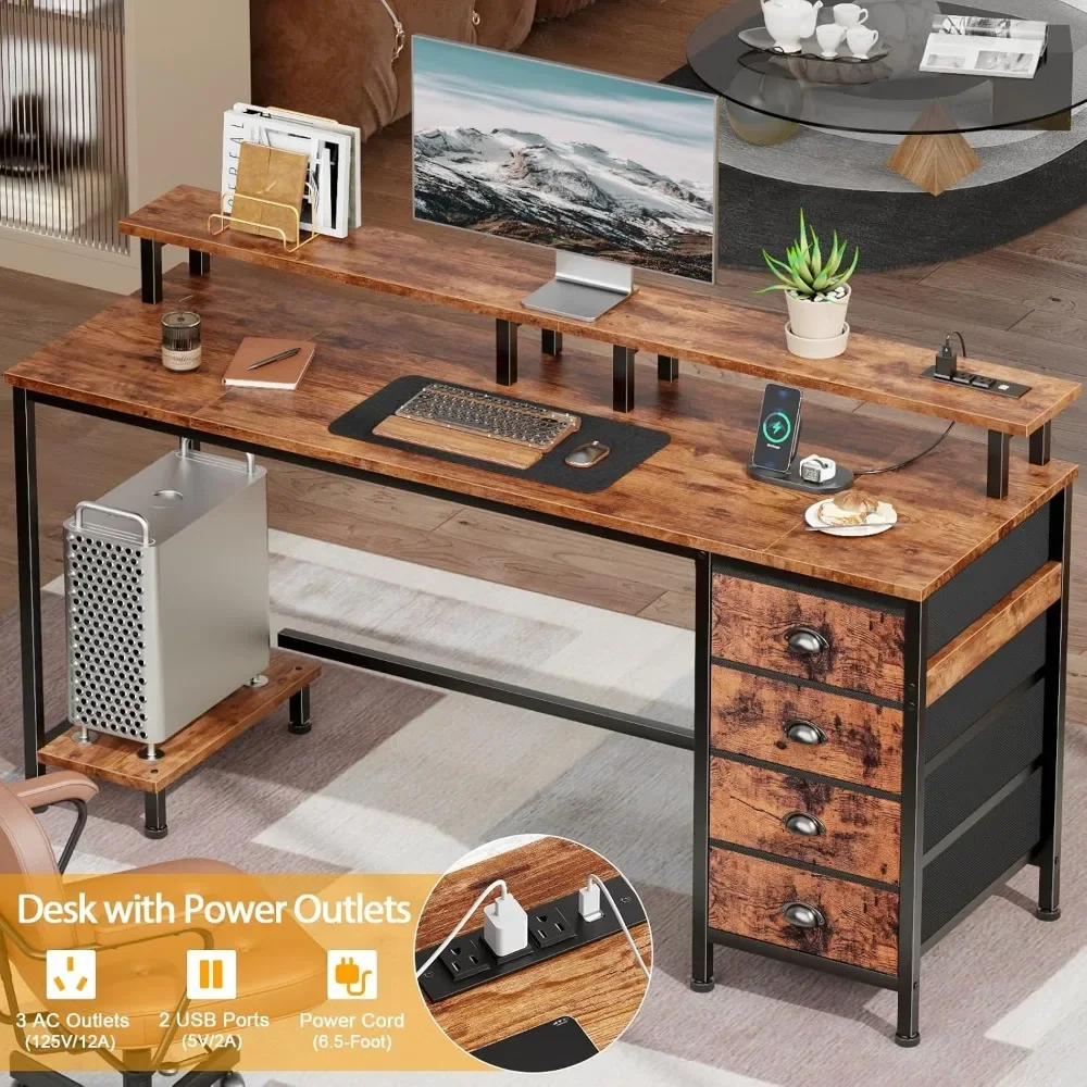 New2025-55 Inch Computer Desk Gaming with 4 Fabric Drawers with Power Outlets and LED Lights for Home Office with Full Monitor S