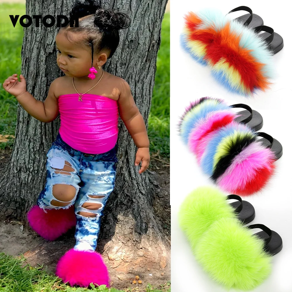 Kids Fur Slipper With Strap Fluffy Raccoon Rainbow Slides Furry Real Fox Fur Sandals Cute Children Plush flip Flops Flat Shoes