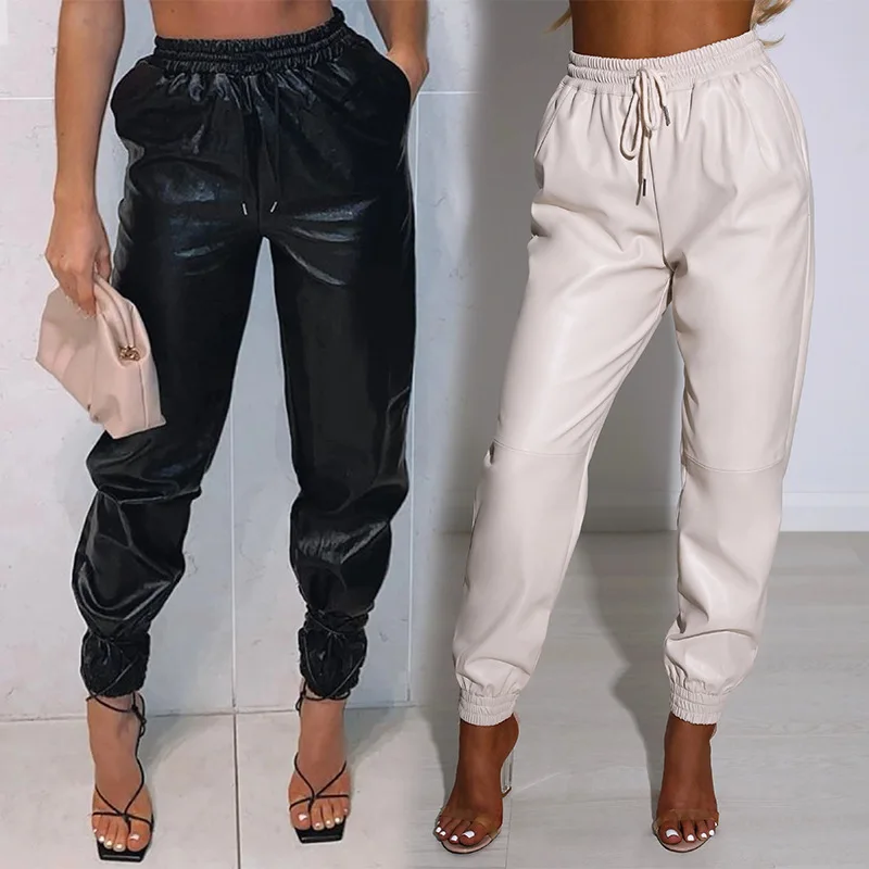 

2023 Spring Summer Women's Fashion Elastic Waist Solid Color Hundred Casual PU Leather Trousers for Women