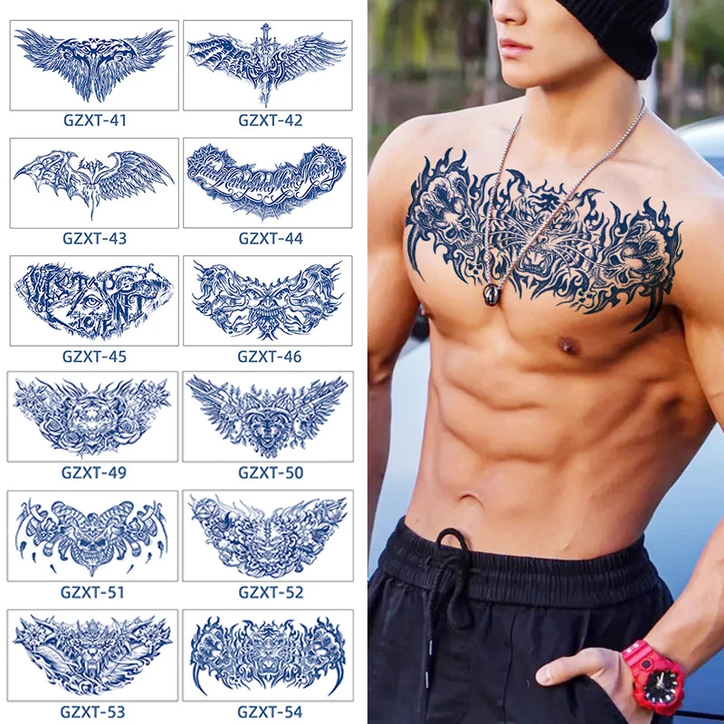 Juice Tatoo Sexy Waterproof Temporary Tattoo Wing Totem On Chest Sternum  Blue Tattoo Sticker Fake Tattoos For Men Women - Temporary Tattoos -  AliExpress