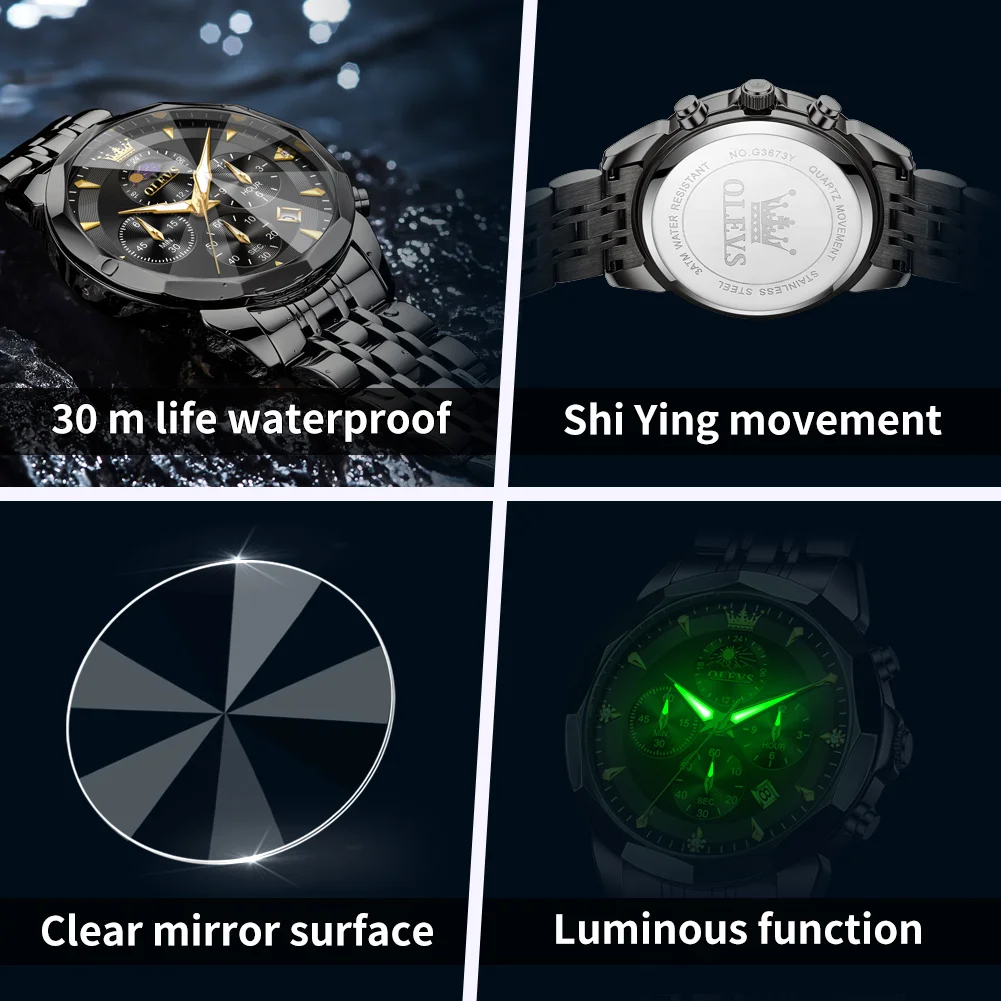 OLEVS 3673 Men's Watch Steel Strap Original Moon Phase Quartz Watch For Men Rhombus Mirror Chronograph Waterproof Man Wristwatch