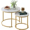 Coffee Table Nesting White Set of 2 Side Set Golden Frame Circular and Marble Pattern Wooden Tables, Living Room Bedroom 1
