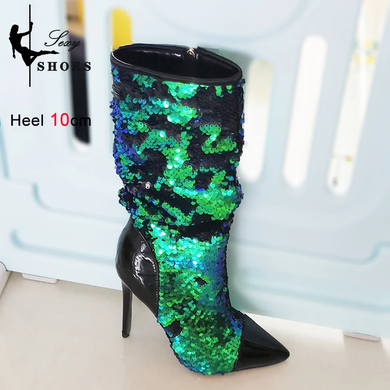 Fashion Women Sequined Ankle Boots 10CM Thin Heel Party Woman Shoes Big Size Pointed Toe Short Boot Zip High Heels Female Botas