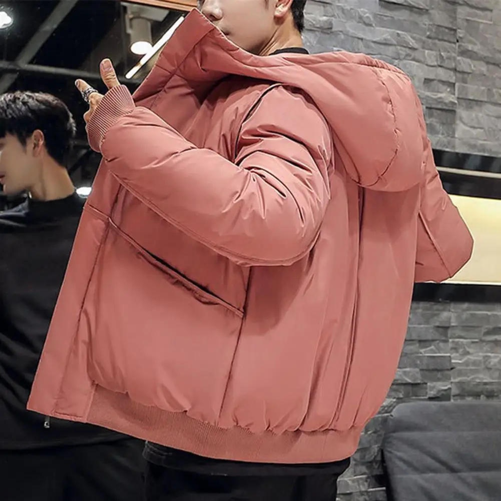 

Fall Winter Men Cotton Coat Thickened Padded Hooded Male Parkas Solid Color Long Sleeve Zipper Pockets Elastic Cuff Down Jacket
