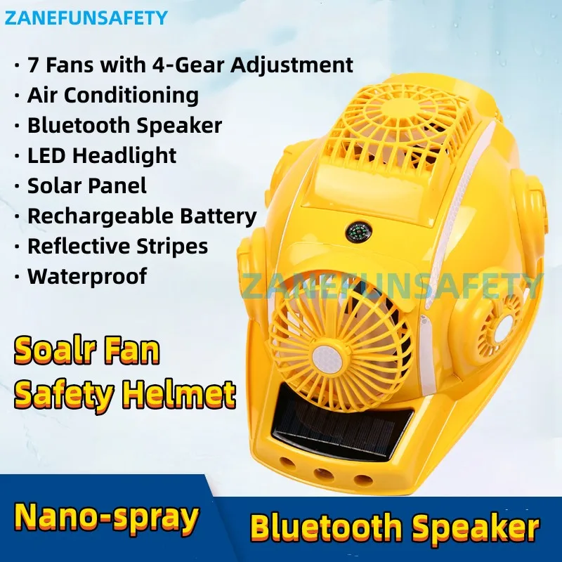 7-Fan Solar Safety Helmet With Air Condition LED Headlight Bluetooth Large Rechargeable Battery SOS Alarm and Reflective Stripes