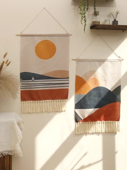Boho macramé tapisserie murale montagne lever du soleil et coucher de soleil décoration de la maison tapisserie tenture murale décors de pièce décor mural esthétique 1