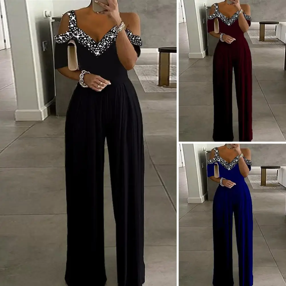 

Cold Shoulder V-neck Short Sleeve Waist Tight High-waist Women Jumpsuit Rhinestone Print Straight Wide Leg Summer Loungewear