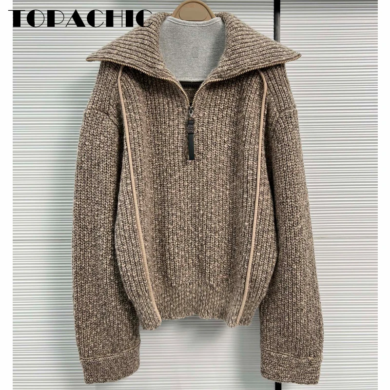 

11.1 TOPACHIC Women's Temperament Casual Knitted Cashmere Mohair Half Zipper Turn Down Collar Pullover Sweater